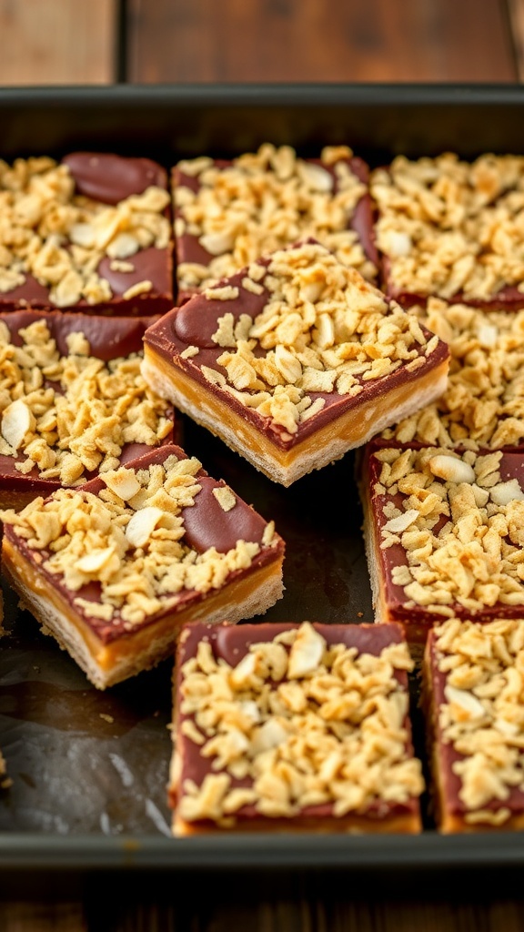 A tray of 7 layer bars with chocolate, butterscotch, coconut, and corn flake crust, cut into squares on a wooden table.